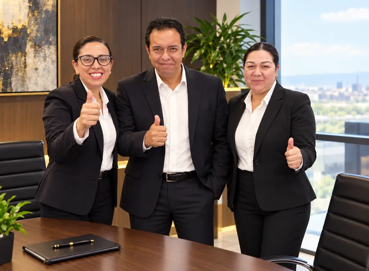 Olga Diaz con profesionales en entorno ejecutivo.